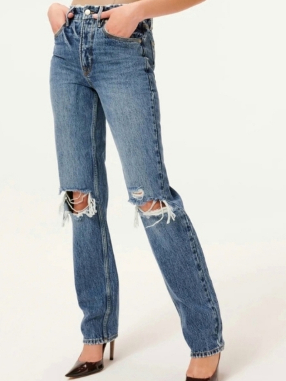 NWT Good American Good 90s Ripped Slim Fit Straight Leg Jeans Indigo Blue 14
